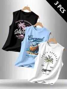 3-Piece Men's Casual Tank Tops, Regular Fit Sleeveless Shirts, Palm Tree Print, Summer Fashion, Comfortable Daily Wear, Perfect Gift for Boyfriend, Loose Sleeveless Vest, Sleeveless Clothes