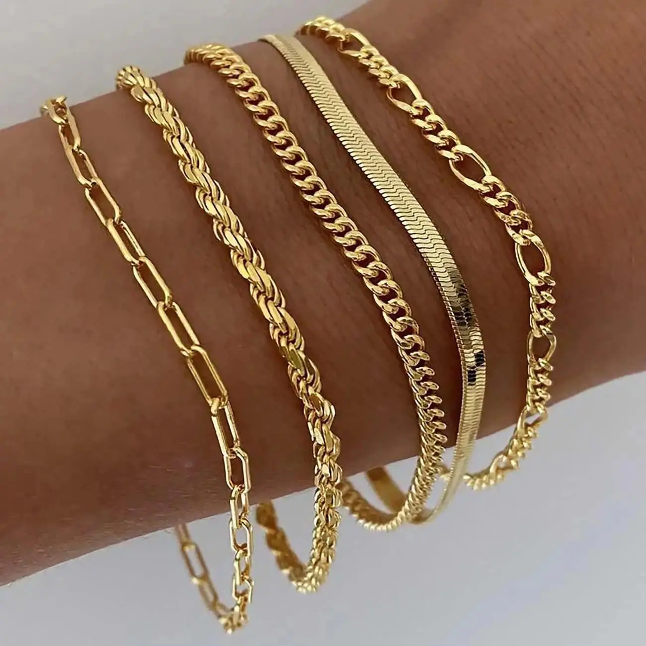 Women's Lead-Free Gold Bracelet Sets, 5-Piece Sports Wristbands for Layered Wear - Stackable Cuban Link Chains, Paperclip Chains, Green Beads, Adjustable (Sports & Outdoor Accessories), 5 Pieces, Gold Bracelets Set, Tennis Bracelets