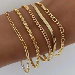Women's Greenish Spring Bracelets Set, Trendy Thin Stackable Cuban Link & Paperclip Chain Jewelry Pack