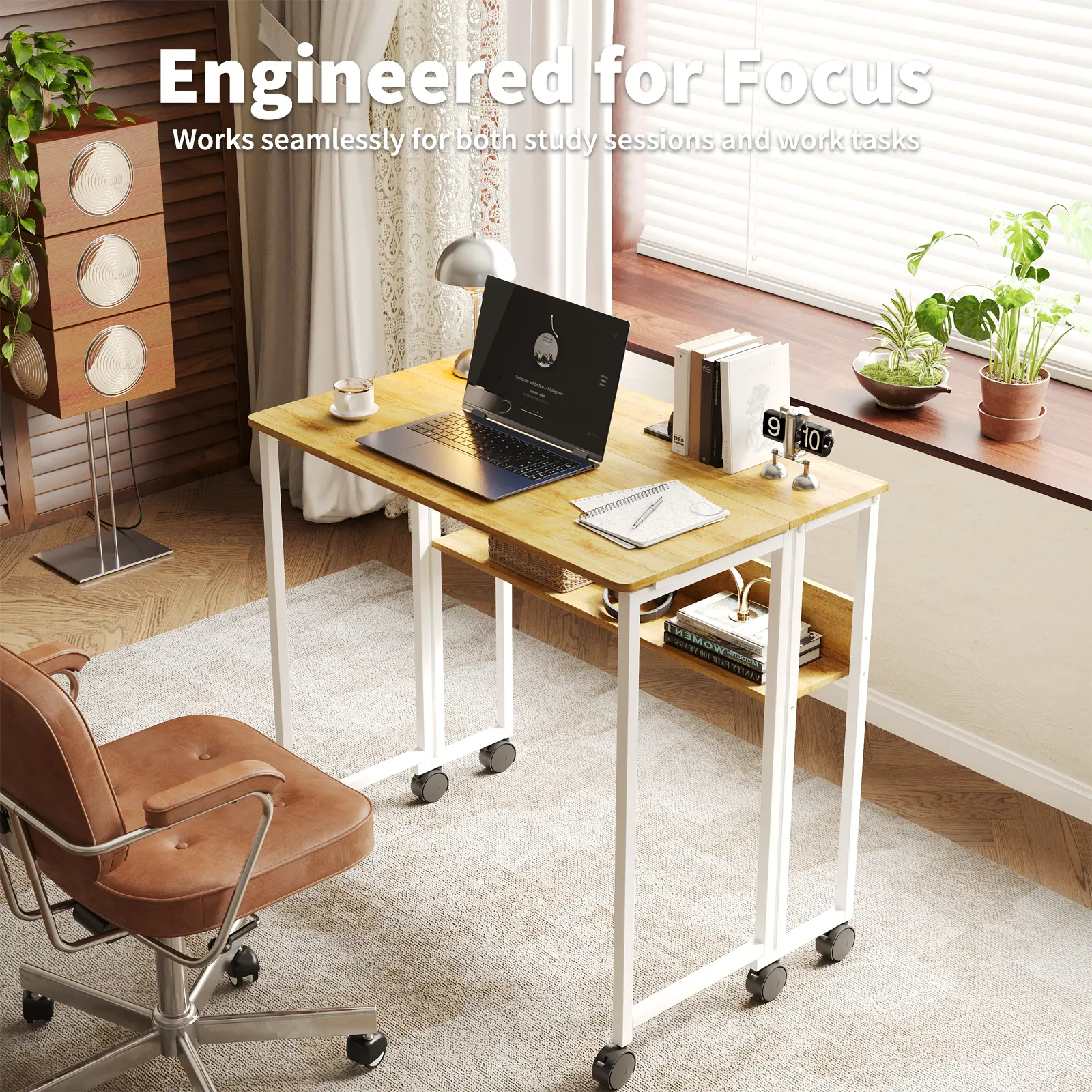 Garvee Space-Saving Folding Computer Desk with 360° Wheels – Compact Table with Storage Shelf – Portable Rolling Office Workstation – Easy Assembly – Ideal for Small Spaces, Bedroom, or Home Office – Oak & White