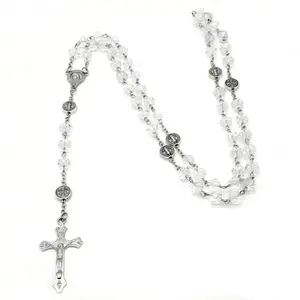 Crystal Beaded Necklace, Colorful Rosary Style Chain with Crucifix Pendant, Decorative Religious Fashion Jewelry for Baptism or Confirmation, Decorative Necklace, Fashion Necklace