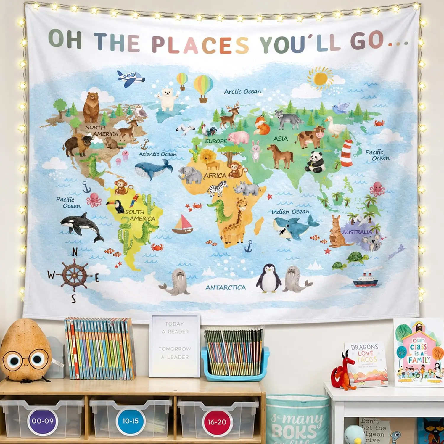 SkyCozy Boho Kids World Map Tapestry Wall Hanging - Wildlife Animal Continents, Educational Geography Learning, Decorative Lightweight Wall Blanket for Classrooms, Kids Room, 50x60" Home Decor