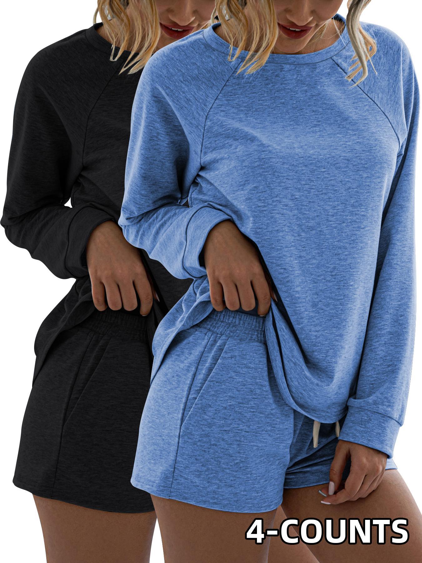 Women's Solid Tee & Drawstring Waist Shorts Set, Casual Sporty Round Neck Long Sleeve Top & Pocket Design Shorts, Ladies Sportswear for Indoor Outdoor Wear