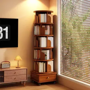 Aobtkel UPGRADED 360-Degree Rotating Bookshelf, 6-Tier Narrow Wood Storage Rack with Wheels, Corner Bookcase for Small Space, Bookshelf Organization Solution for Bedroom, Living Room (Walnut Brown)