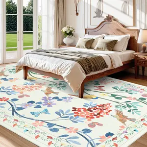 Modern Rug Washable Rug, Floral Birds Rug, Soft Low Pile Non Shedding Non Slip Rug, Indoor Foldable Printed Rug Carpet