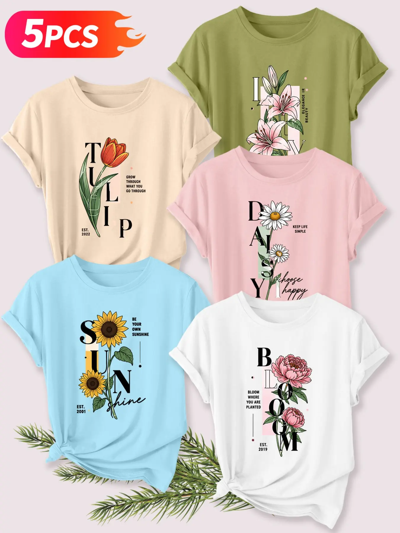 5Pcs Women Casual Crew Neck T-Shirt, Letter-themed Tulip Sunflower Daisy Floral Prints, Multi-color Washable Spring Summer Top, Soft Skin-friendly Fabric Daily Versatile Fashion Design