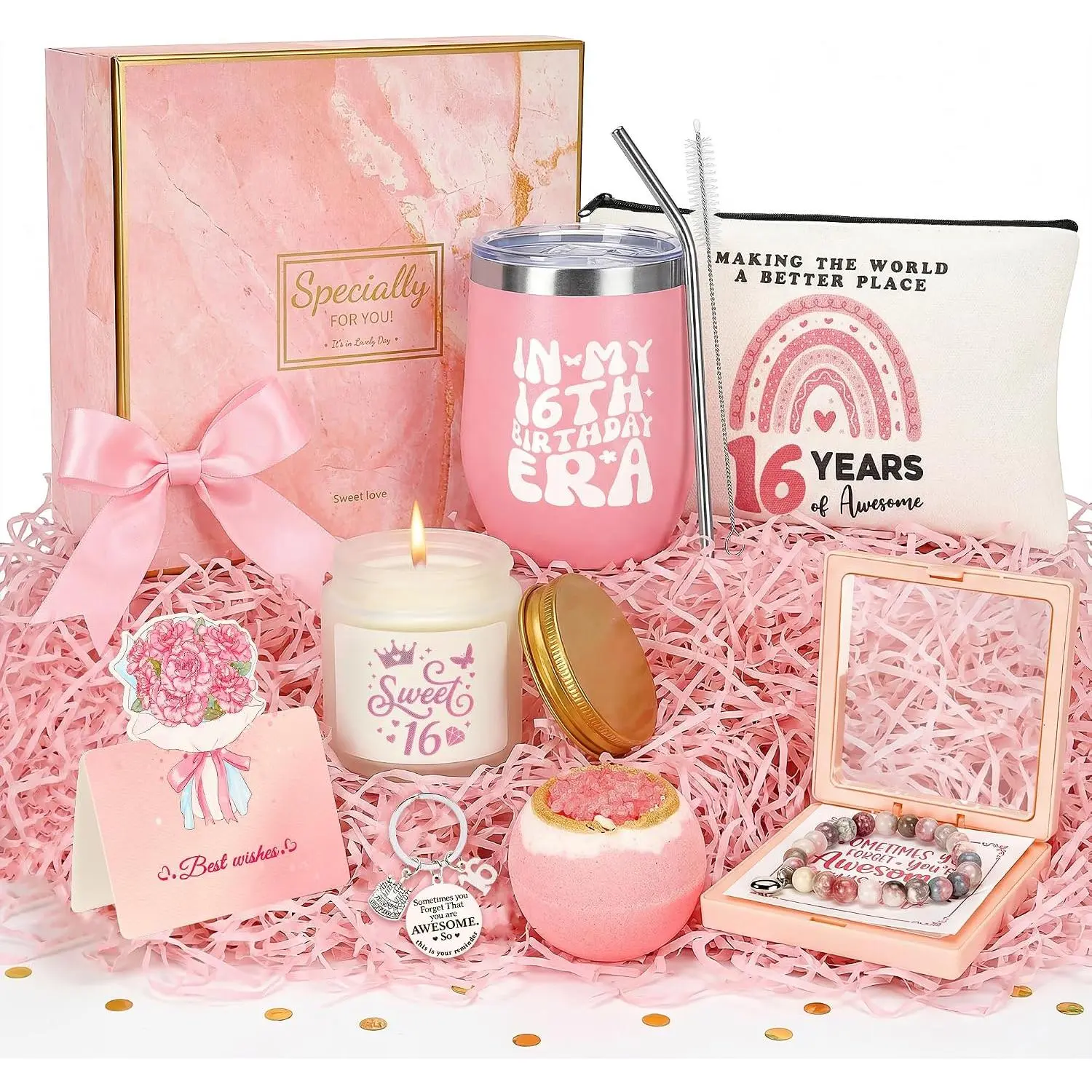Sweet 16 Birthday  for Girls,   Basket for Daughter, Sister | Includes insulated tumbler, candle, makeup bag, bracelet, , greeting card and rose   box