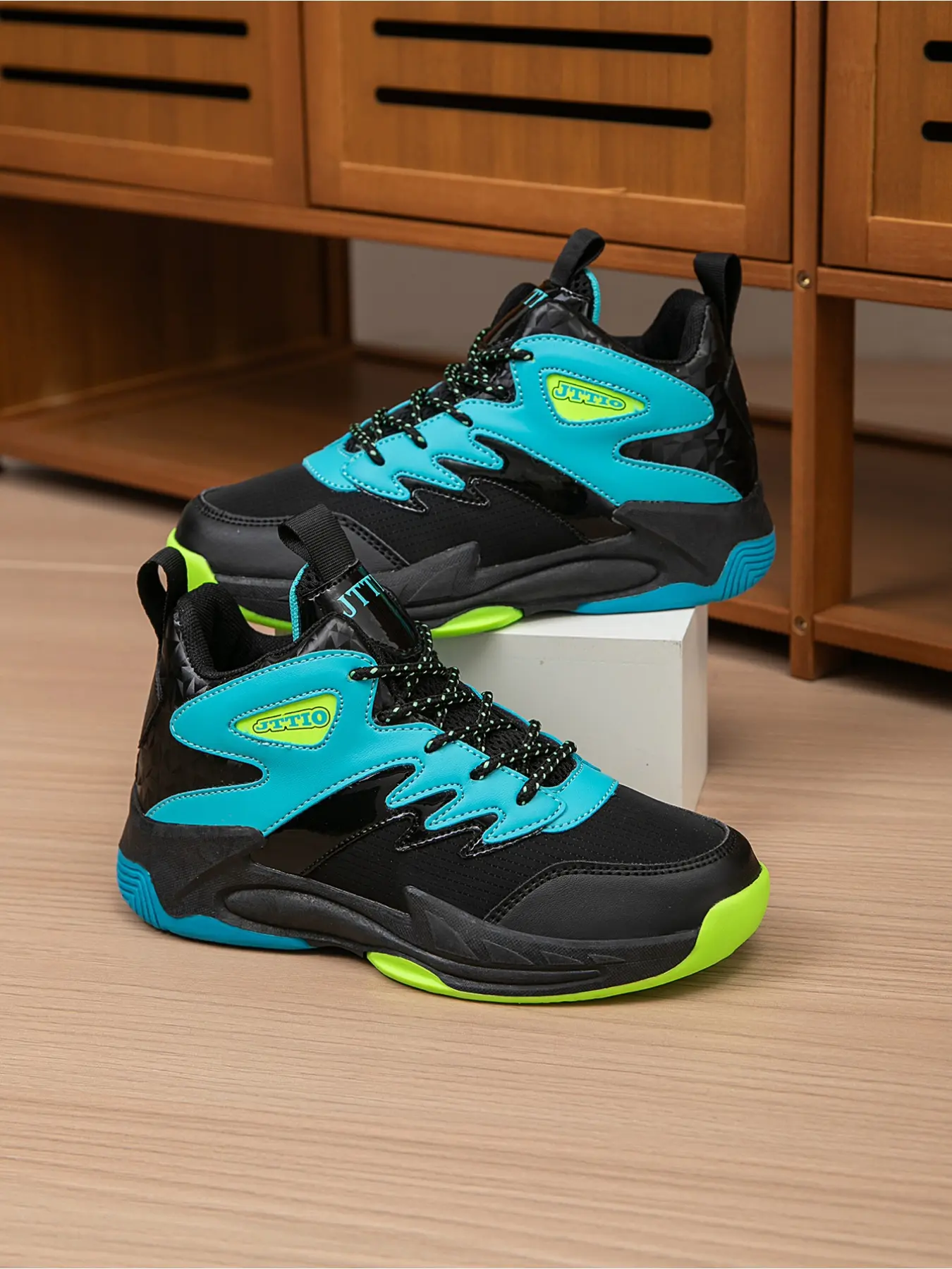 Breathable Non Slip Kids Boys Basketball Shoes 1 Pair New Fashion Color Splicing Youth Outdoor Sports Sneakers Wear Resistant All Season Casual Footwear For Children