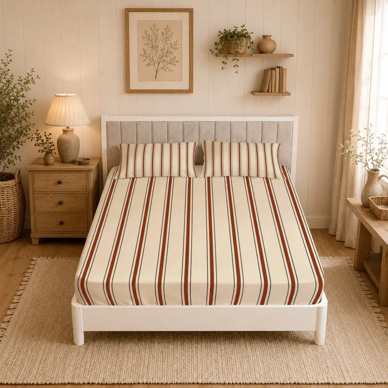 3pcs Farmhouse Vintage Red Brown Vertical Striped Fitted Sheet Bedding Set, 1 Bed Sheet + 2 Pillow Covers Without Inserts, Single Side Digital Print Elastic Bed Cover, Country Style Decor Gift for Adult Bedroom Dorm Home