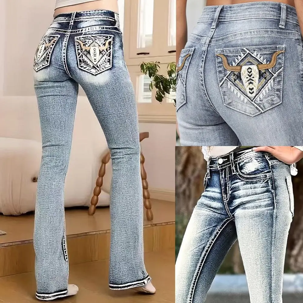Women's 2026 Summer New Streetwear Washed Retro Bull Head Embroidered High-Waist High-Elasticity Denim Flared Pants Jeans, Bottom, Retro Street Womenswear Blue