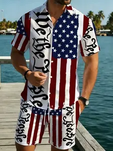 Men's American Flag Print Short Sleeve Shirt Set, Casual Collared Top, Summer Beach Vacation Wear, Fitted H-Type Silhouette, Menswear