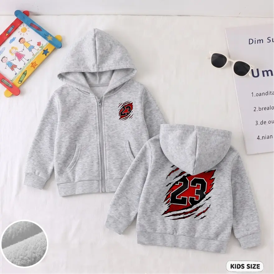 Kids’ No.23 Graphic Zip Up Hoodie, Casual Long Sleeve Hooded Jacket with Front Pockets and Back Print, Everyday Outerwear for School, Travel, Outdoor Play and Weekend Wear