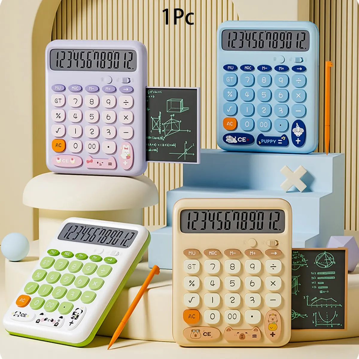 Cute Cartoon Calculator with Pull Out Writing Board, 12 Digit Large Display Desktop Calculator, Creative Student Office Calculator, Portable Math Calculator with Music Sound, Dual AAA Battery Powered, Adorable Desk Gadget for Study and Daily Calculation