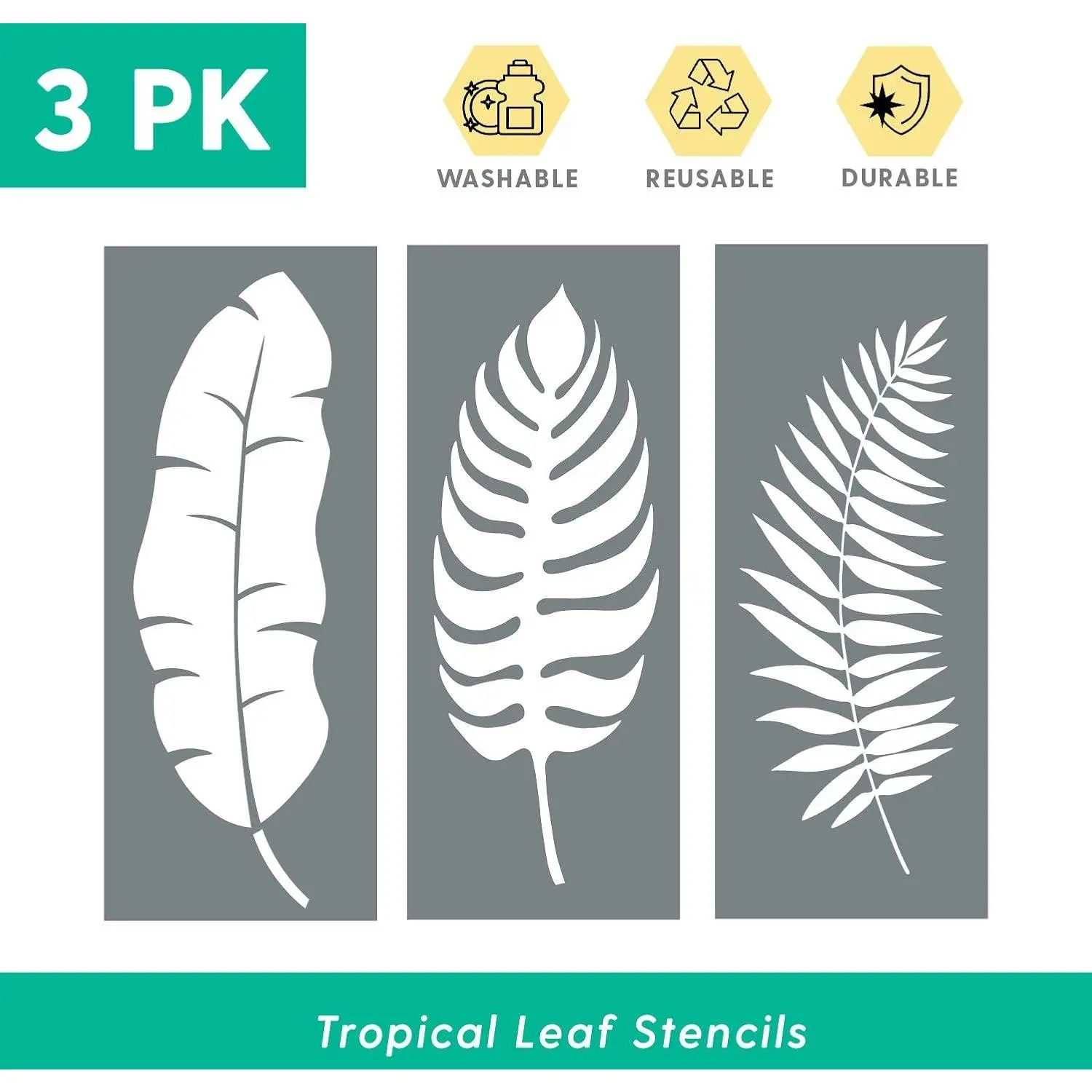 Leaf Stencils (3 Designs), Large Tropical Leaves Templates for Painting Floor/Wall/Tile/Furniture/Fabric/Wood, Each 14.5” x 5.85”, Strong & Reusable, DIY Crafts, Made in America by Small Business