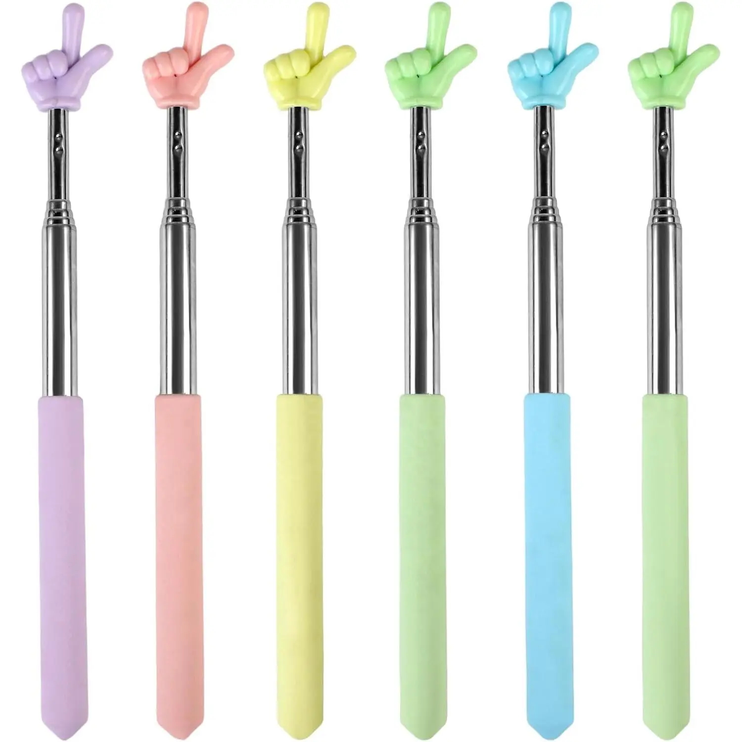 6-Count Multi-Colors Cute Shape Stainless Steel Extendable Finger-Shaped Pointer Sticks, Retractable Presentation Aid for Teachers, Playful Office Classroom Supplies