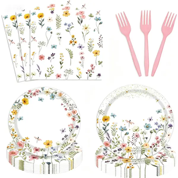 Butterfly Details Thick Disposable Tableware Set - 96 Pcs, Serves 24 Guests, No Glue Needed, Includes 7" Dessert Plates & 9" Dinner Plates, Birthday Party Supplies for Baby Shower, Home Festive Use