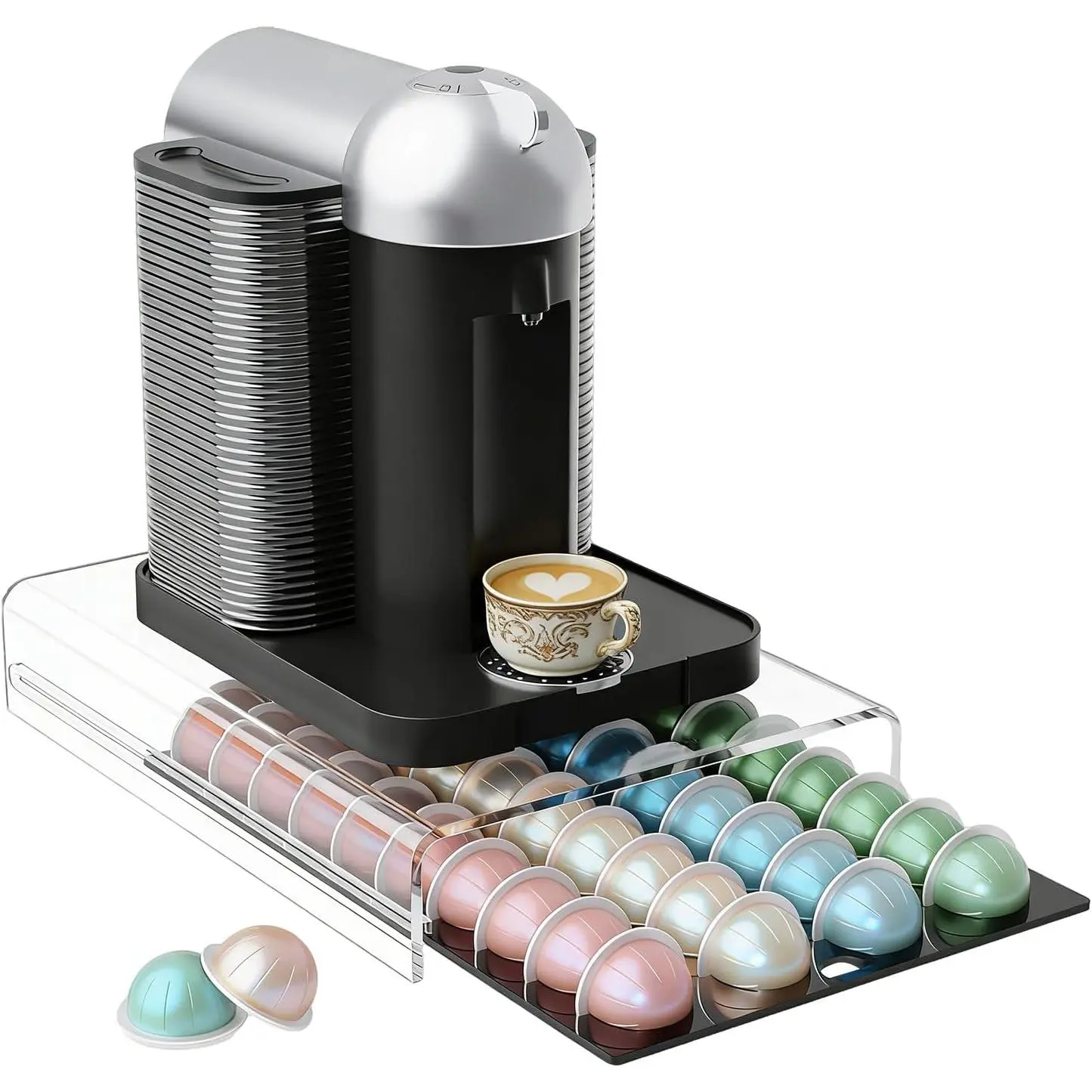 Pod Holder Drawer Holds 40 Capsules, Clear  Capsule Organizer with Sliding Drawer, Countertop Coffee Pod Storage, No Assembly Needed