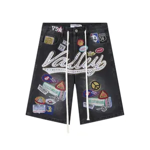 New Valley Dreams Rhinestone Embroidered Patches Washed Denim Shorts, Men's High Street Casual Knee Length Baggy Shorts, Summer & Festival Streetwear