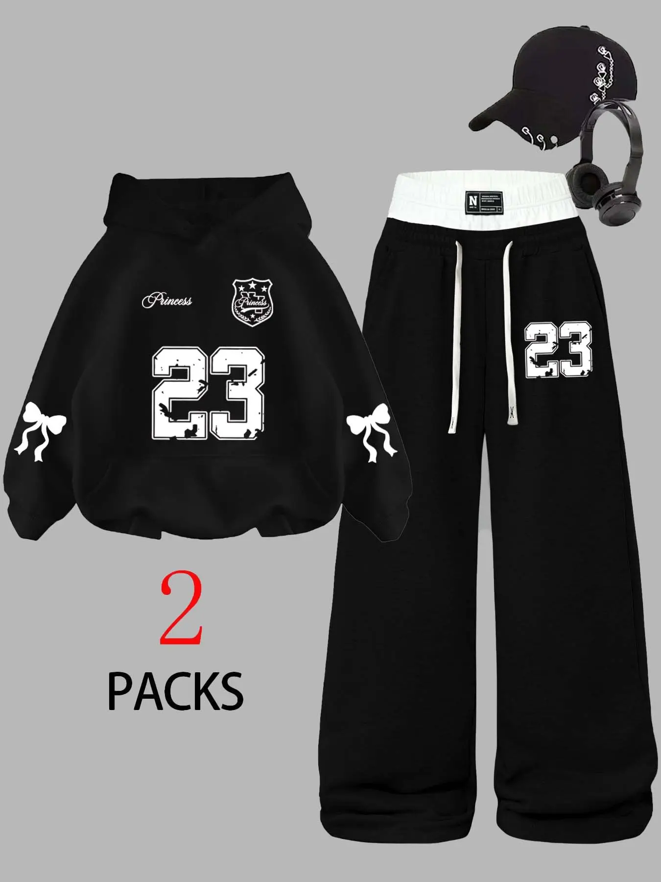 Women Y2K Preppy 2 Piece, Distressed 23 Number Graphic Long Sleeve Hoodie, High Waist Wide Leg Sweatpants, Casual Loungewear Set, Clothes