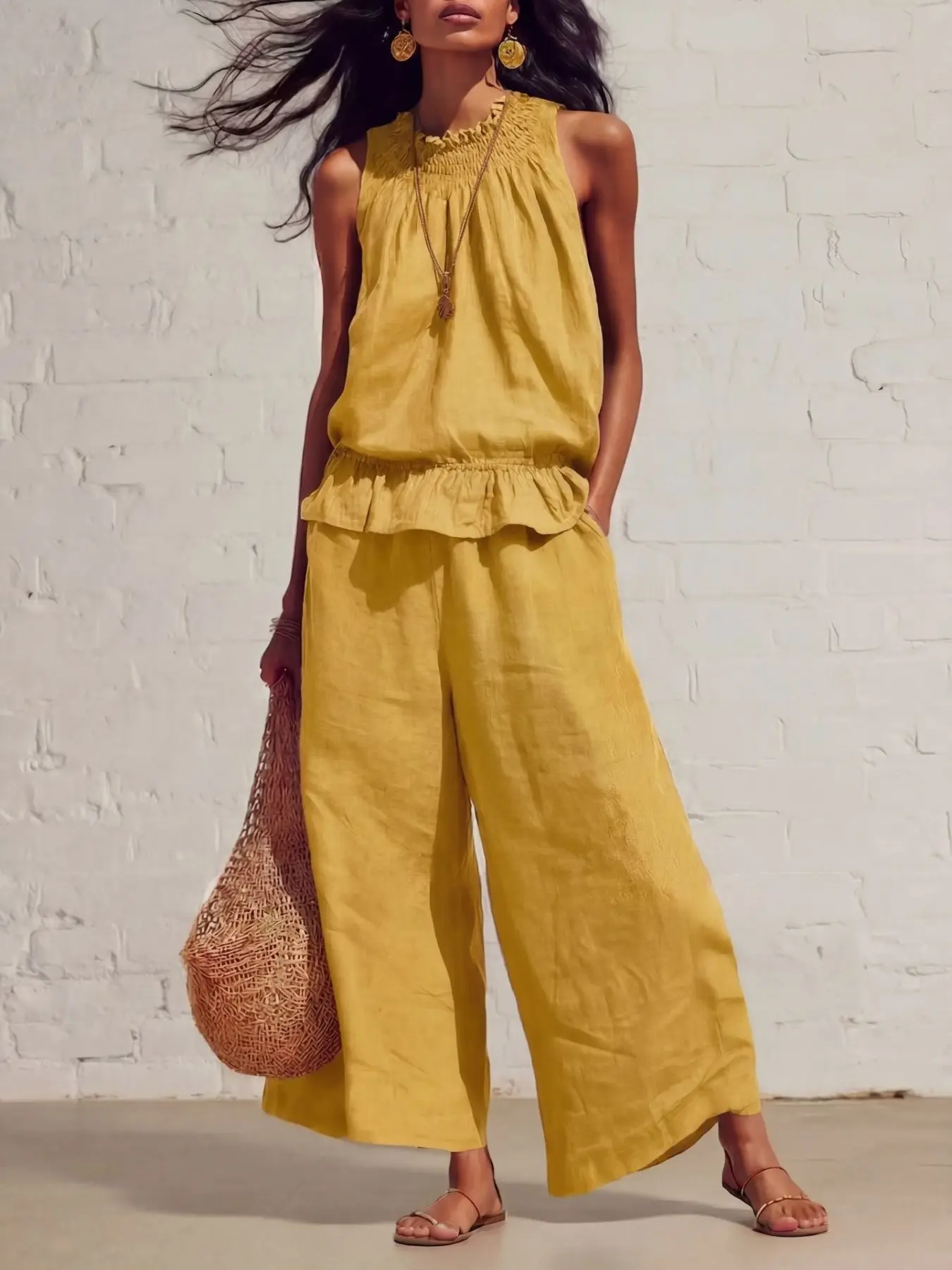 Summer New Loose Fit Casual Boho Ruffled Two-Piece Set for Women, Sleeveless Ruffle Wide Leg Pants, Comfortable and Stylish Summer Wear