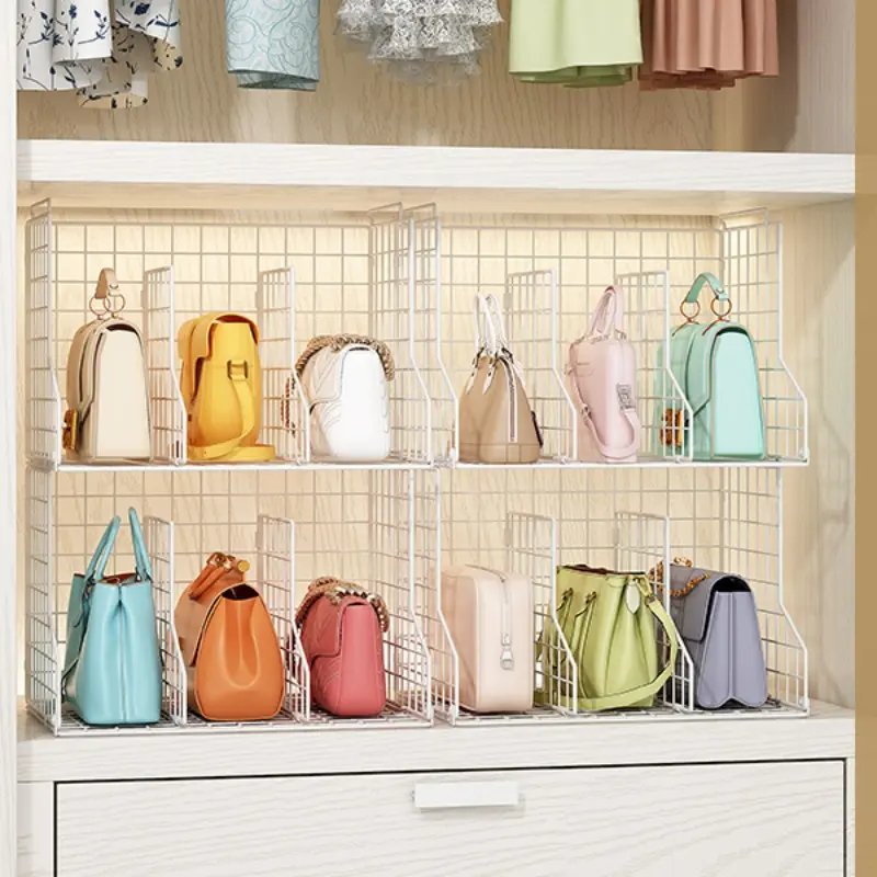 Iron Grid Bag Storage Basket, Dual Layer Stackable Detachable, Durable Scratch-Resistant Modular Metal Organizer, Space-Saving Display Rack