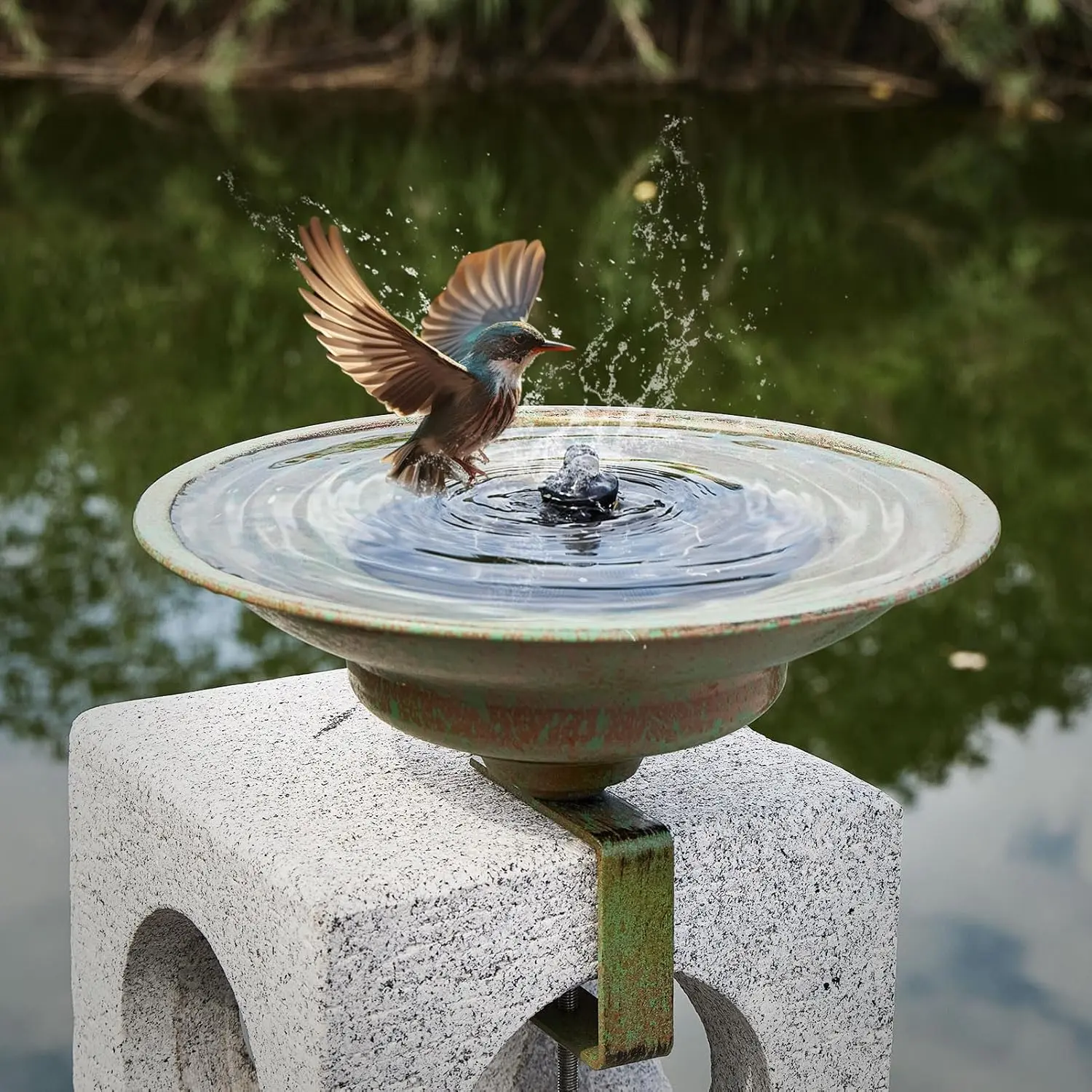 Deck Mounted Bird Bath with Solar Fountain - Metal Bird Bath Bubbler for Balcony Patio Garden Decor - Outdoor Bird Bath