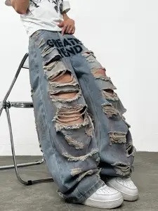 Men's Vintage Letter Print Loose-Fit Jeans, Y2K Street Style, Blue Wide-Leg Denim, All-Season Wear, Multiple Sizes Available