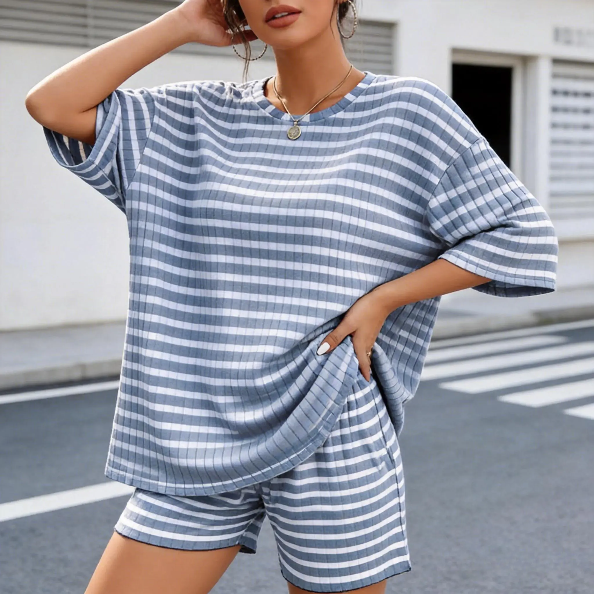 Women's 2-Piece Pajama Set in Pink and Grey Stripe, Casual Relaxed Fit Loungewear with Long Sleeve Top and Pants