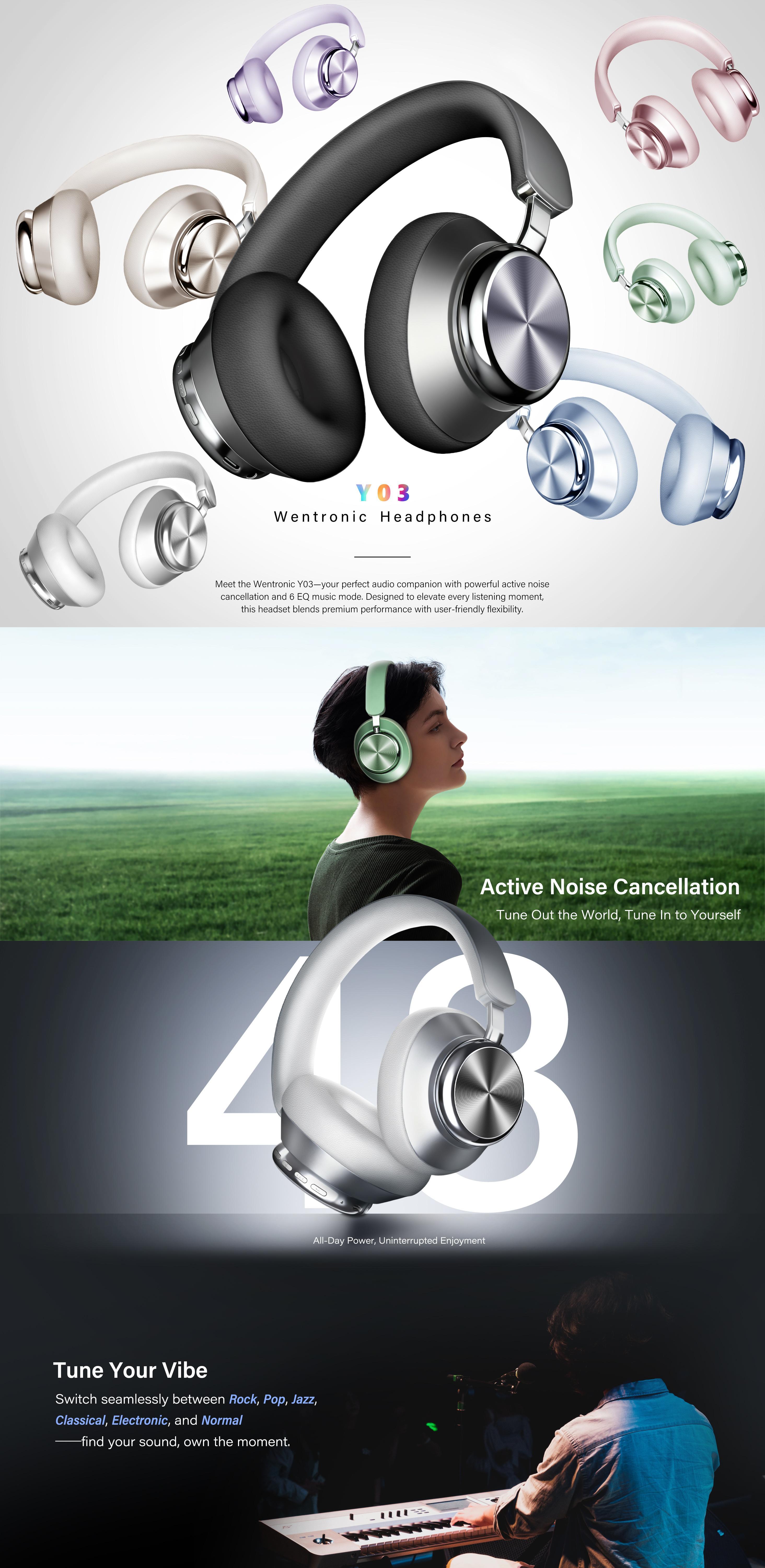 Wentronic Y03 Bluetooth Headphones Wireless Active Noise Cancelling Over Ear Headphones 48 Hours Playtime High Sound Quality 6 EQ Music Mode Headphones with Soft Ear Cushion - Silver