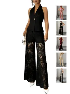 Women's Simple Business Style Chic Fashion Set, Lace Patchwork Vest + Wide Leg Pants, Casual Two-Piece Summer M2651#, Elegant and Comfortable