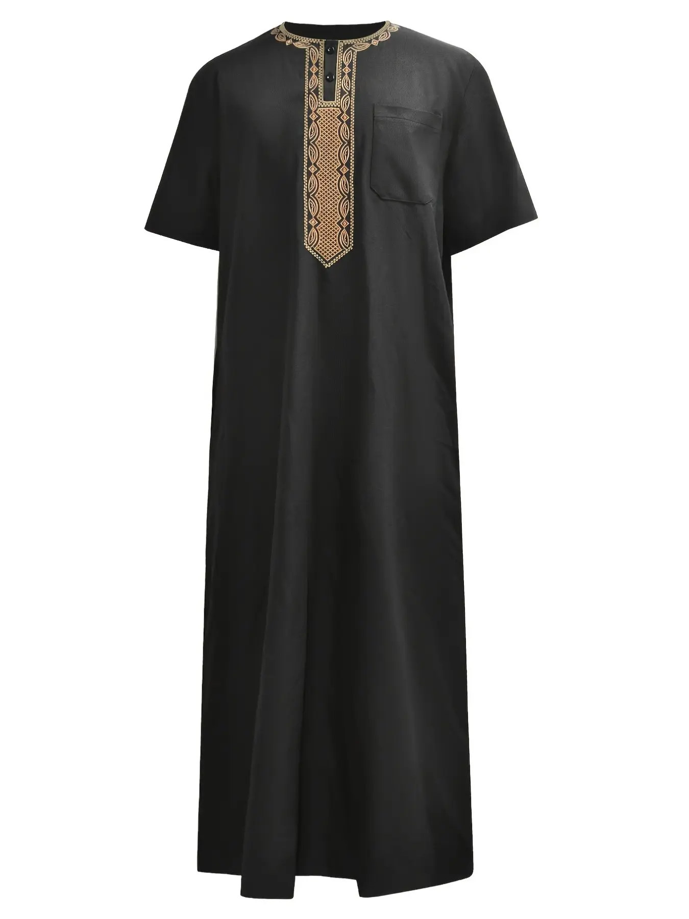 Muslim Men's Traditional Short Sleeve Jilbab, Embroidered Front with Pockets, Islamic Daily Wear, Eid Festival Clothing