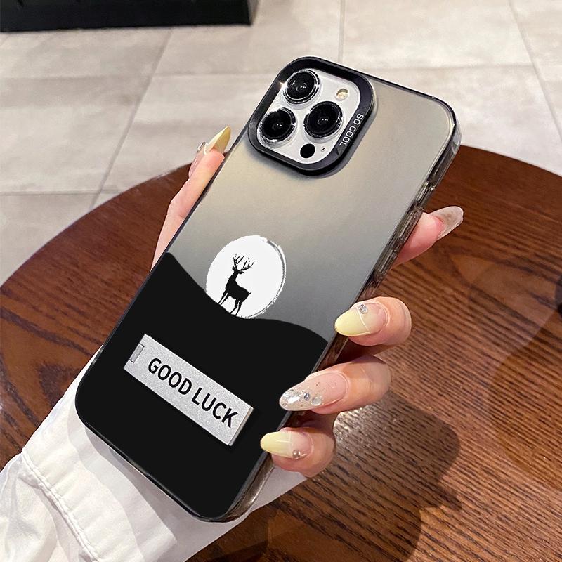 Case for iPhone 16 Pro Max 15 Plus 14 13 12 11 XR E XS Moonlit Stag Pattern Bracket Shockproof Silicone PC Back Protective Smartphone Cover