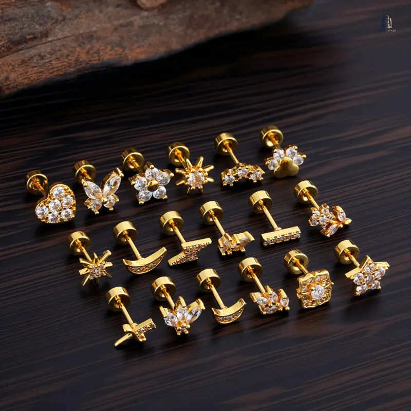 Mini Zircon Inlaid Ear Stud Piercing Jewelry In Spec Size 0.8mm, Plated Metal Tiny Ear Bone Studs, Simple Small Decorative Ear Accessories For Daily Wearing, Usable As Casual Small Gift For Women