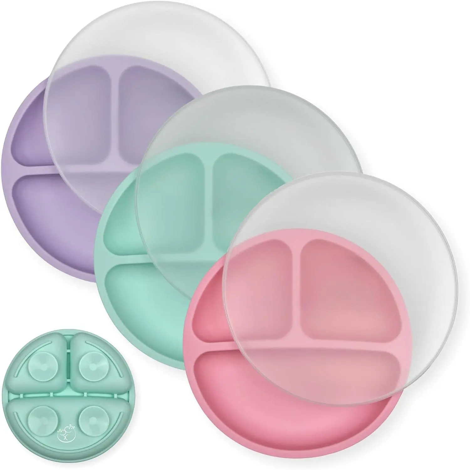 Suction Plates with Lids  Babies & Toddlers - 100% Food-Grade Silicone - Microwave & Dishwasher Safe - Divided Dinnerware  Picky Eaters That Stays Put - Set of 3 (Pink) New model