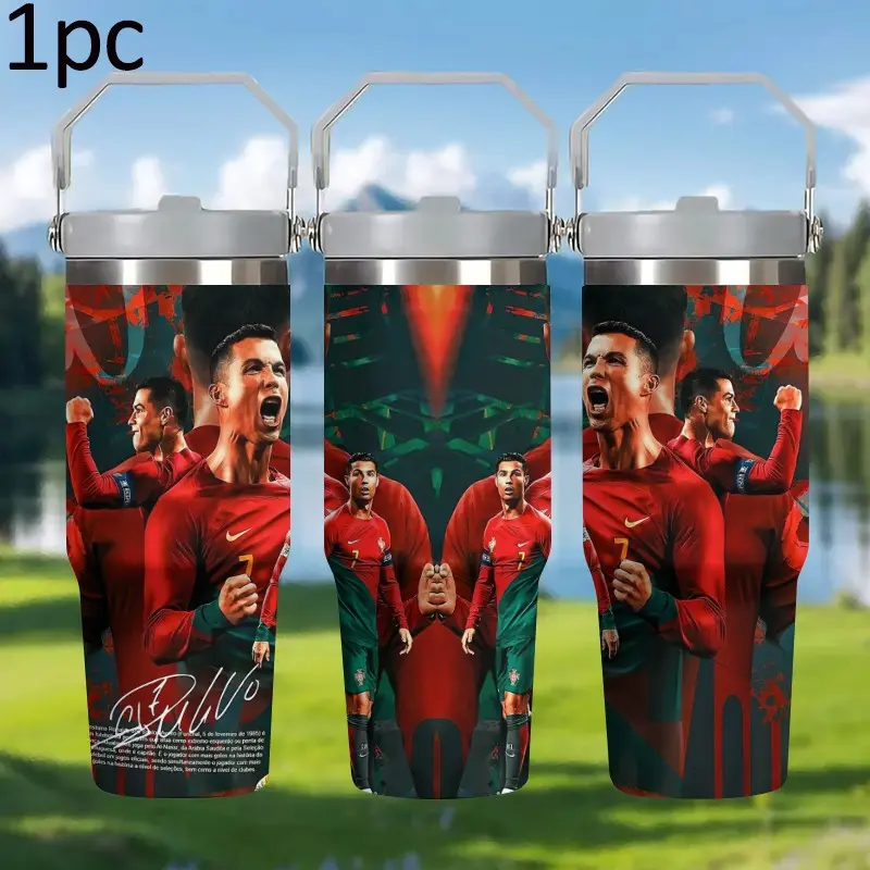 1pc 30oz Large‑Capacity Sports Insulated Tumbler, Stainless Steel Water Bottle With Carry Handle, Leak‑Proof Travel Mug, Ronaldo Themed Print Design, For Daily Commute Outdoor Sports, Fan Holiday Gift