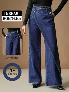 Lkuily Women's Vintage Wash Double Side Fringed High Waist Fla Women's Dark Blue Washed High Waist Wide Leg Jeans, Asymmetric Cross Wrap Waistband Loose Fit Denim Pants with Pockets, Vintage Chic Business Office Commute Daily Wear Trousers for Women TChic