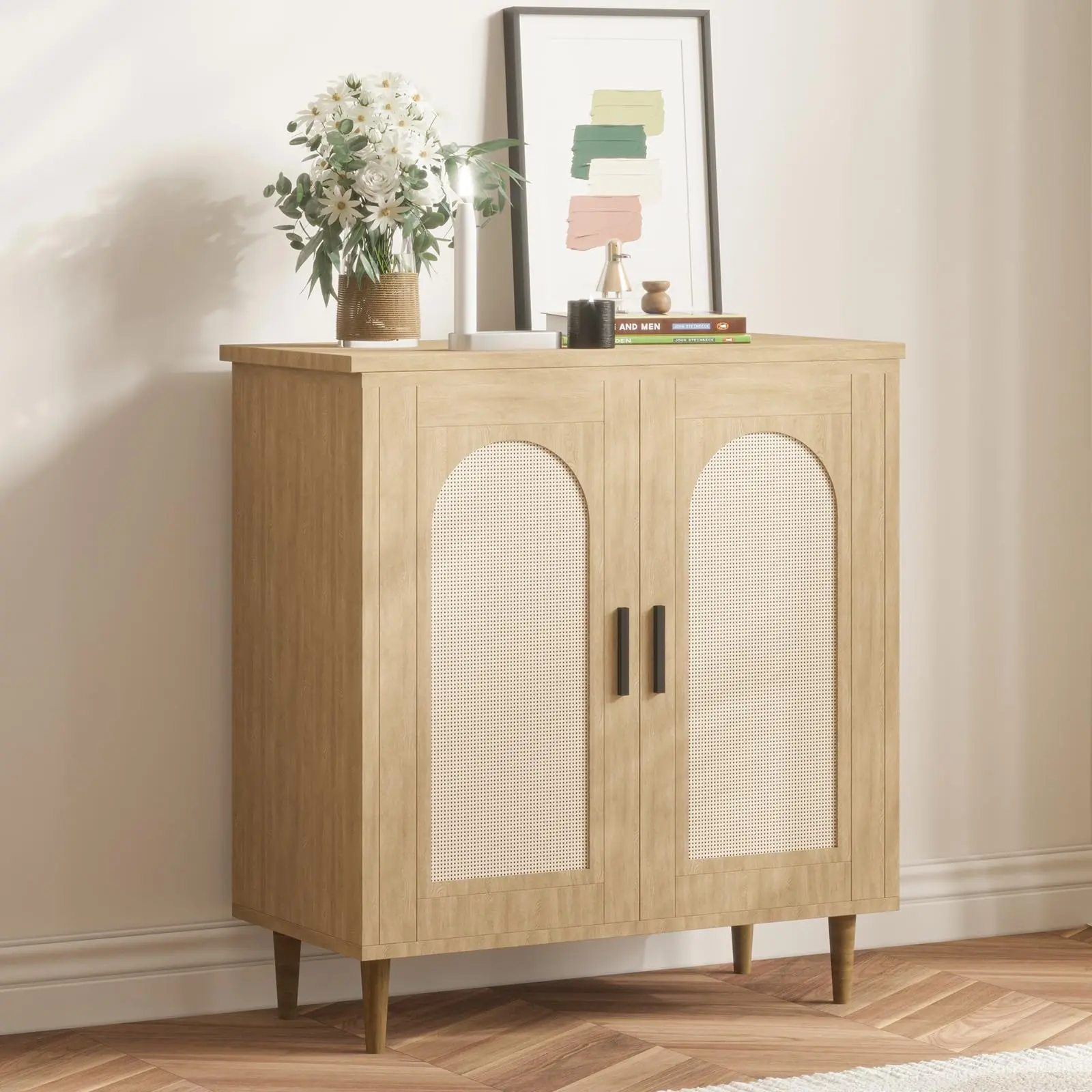 Rattan Entryway Sideboard Cabinet - Slim Profile, Clever Storage, Adjustable Shelves, Sturdy Wood Legs, Wall Mount, Charging Hub, Easy Setup, Compact Modern Accent Console for Hallway, Living Room