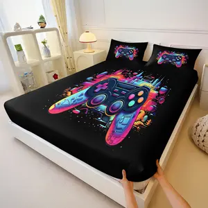 Neon Color Splash Gamepad Full Print Fitted Sheet, Wrinkle Resistant Deep Pocket Mattress Protector, Gamer Room Holiday Present