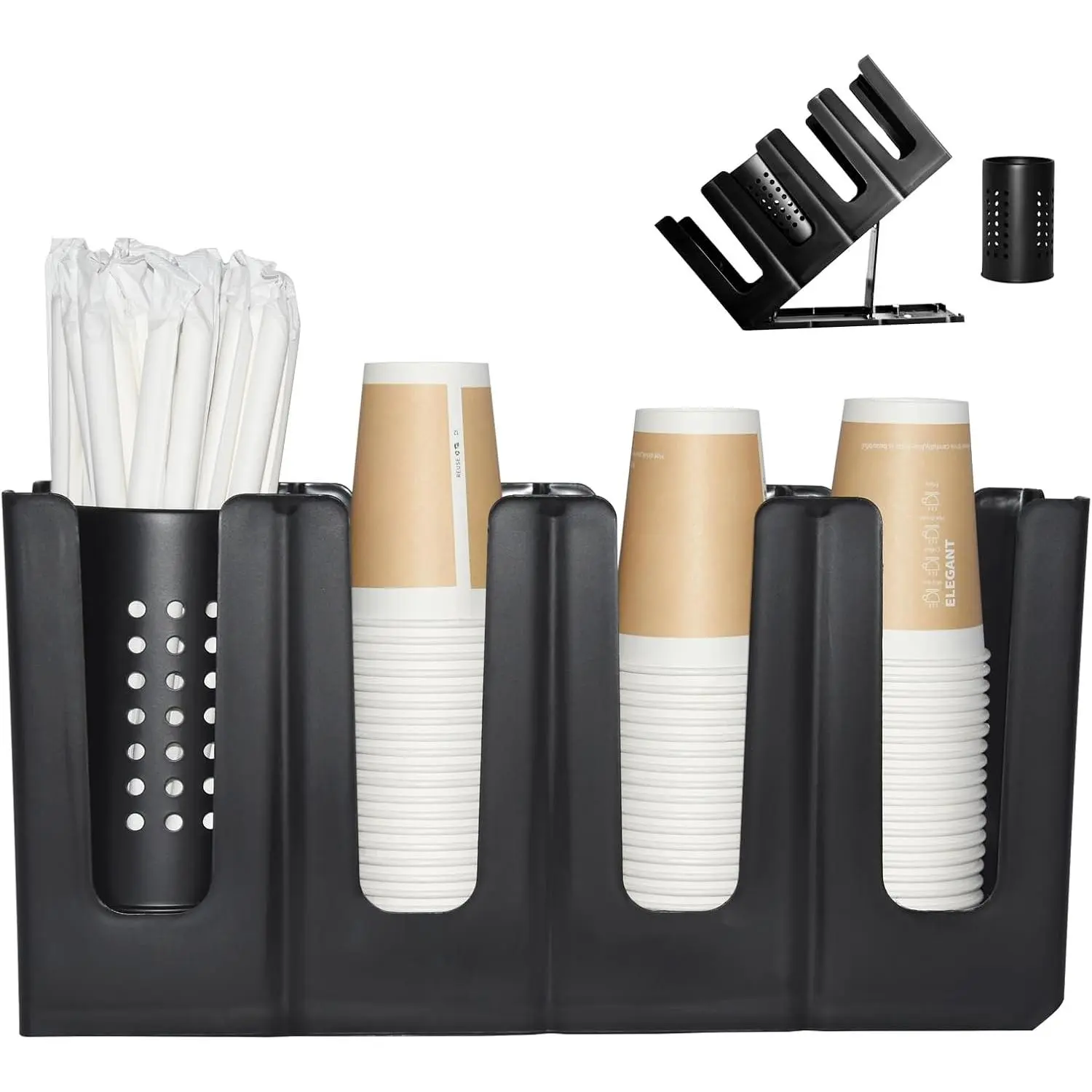 Cup Holder Lid Dispenser with Straw Organizer,4 Compartment 7 Adjusting,Disposable Paper Cup Storage Organizer for Breakroom Countertop Coffee Station Bar Restaurant Beverage Kitchen Coffee Truck