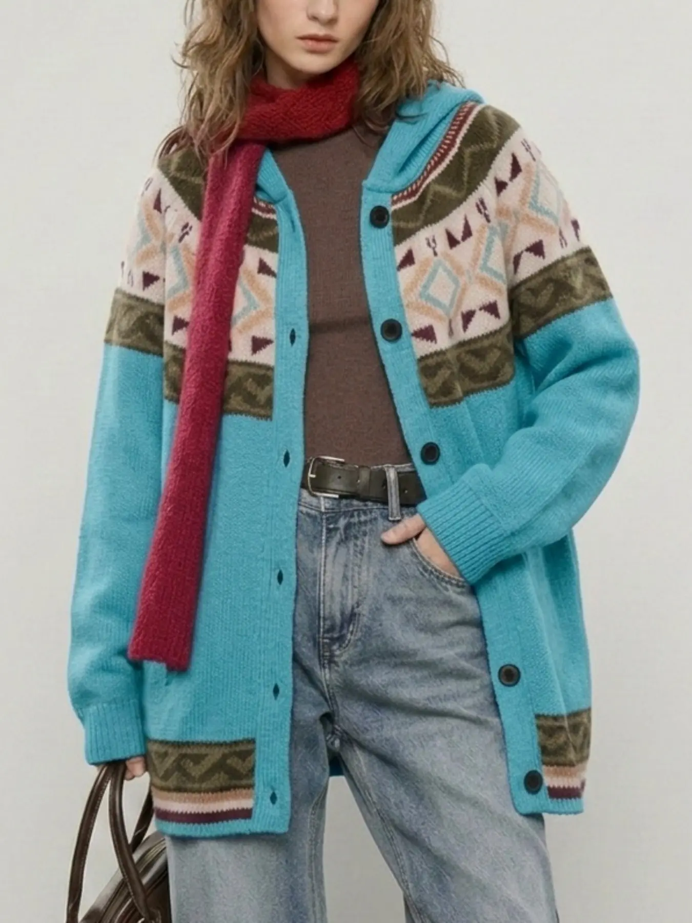 Aztec Tribe Fair Isle Hooded Knit Cardigan, Loose Fit Nordic Ethnic Long Sleeve Coat, Fall Winter Outerwear, Knitwear, 6 Colors Available