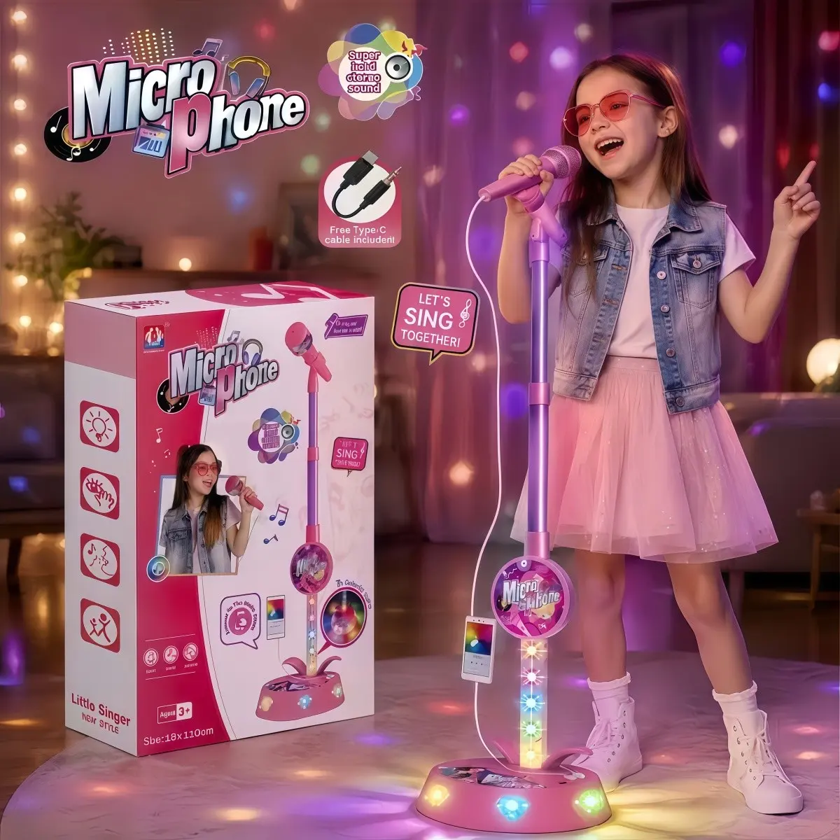Karaoke Microphone Toy, Music Singing Machine with Cool Lights, Adjustable Stand, Musical Skills, Party Gift for Kids Aged 3+