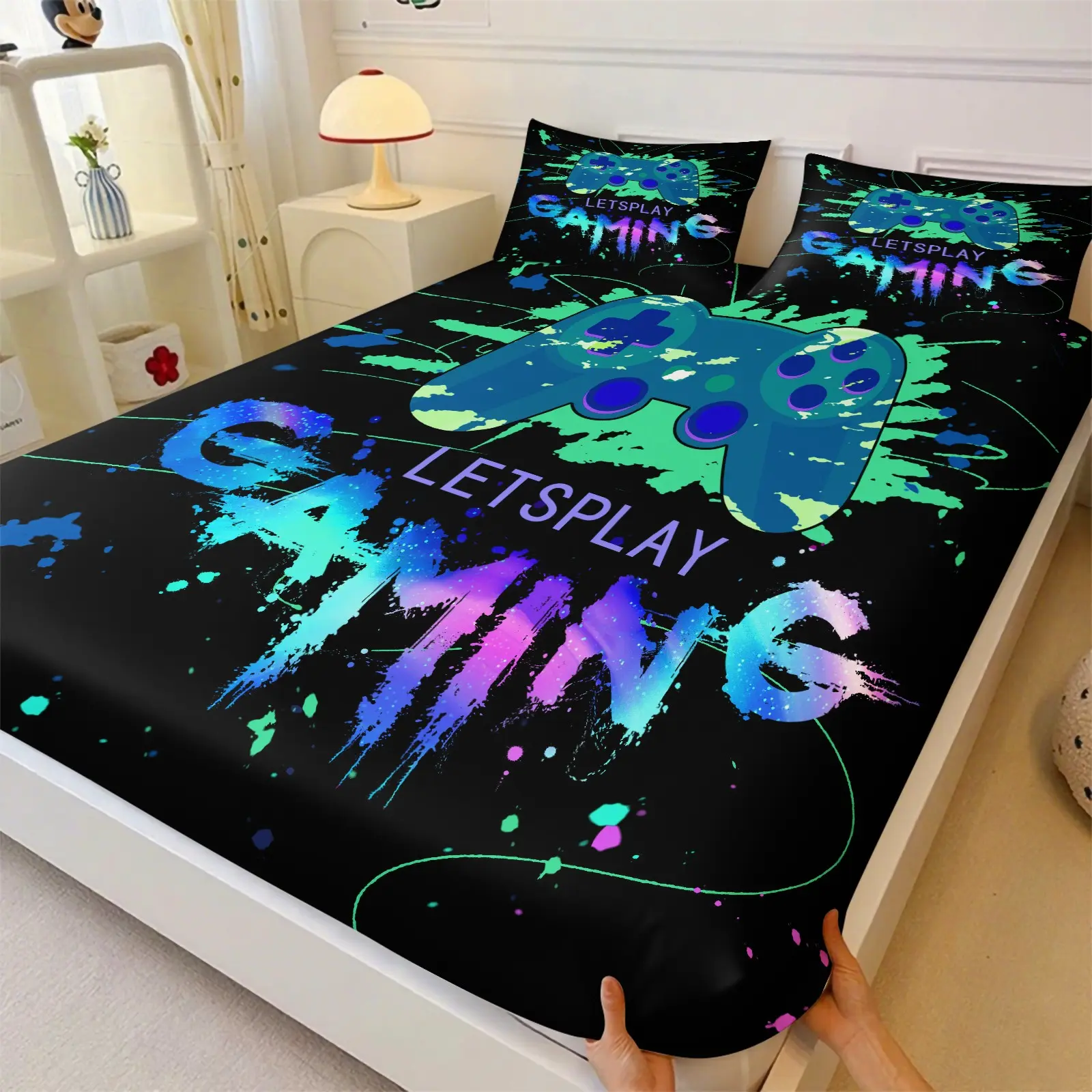 Gaming Fitted Sheet 3 Pieces Set, 1 Splash Ink Game Controller Print Deep Pocket Mattress Cover with 2 Pillowcases, Black Background Gradient Blue Purple LETSPLAY Letter Print Bedspread, Wrinkle Resistant Bedcap for Bedroom Dorm Game Room