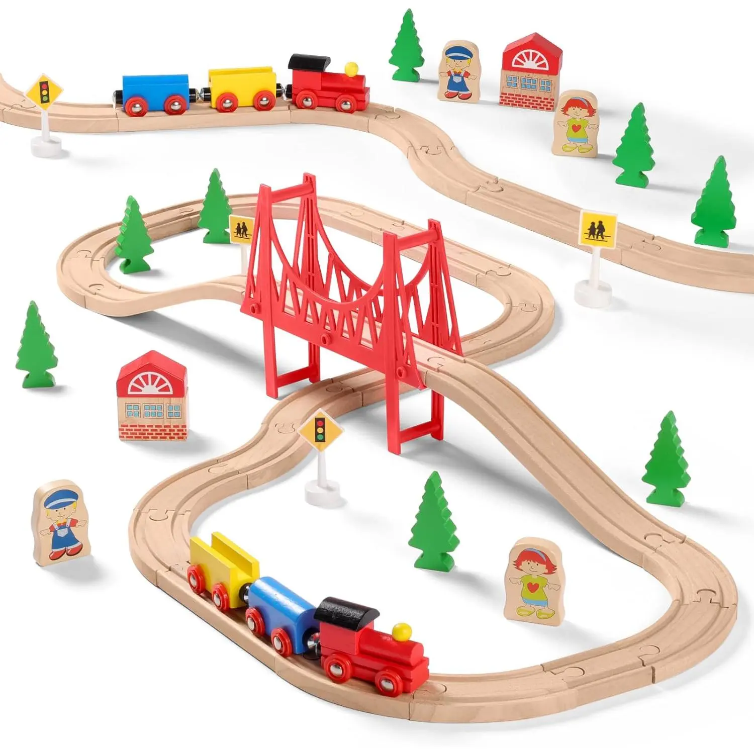 37-Piece Beech & Natural Birch Wood Train Set for Toddlers - Double-Side Tracks Fits Brio, Thomas, Melissa and Doug, Expandable, Changeable Learning Toy, Ideal Gift Choice for 3,4,5 Year Old Kids