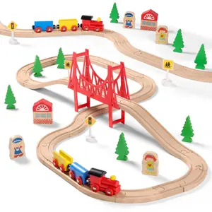 37-Piece Beech & Natural Birch Wood Train Set for Toddlers - Double-Side Tracks Fits Brio, Thomas, Melissa and Doug, Expandable, Changeable Learning Toy, Ideal Gift Choice for 3,4,5 Year Old Kids