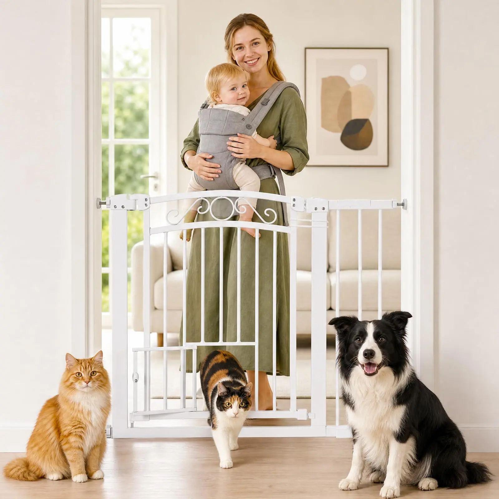 Pressure Mount Pet Safety Gate, 30–41 Inch Wide, Drill Free Dog Gate with Double Lock, Indoor Expandable Pet Barrier for Doorways Hallways Stairs, Black/White, Patterned