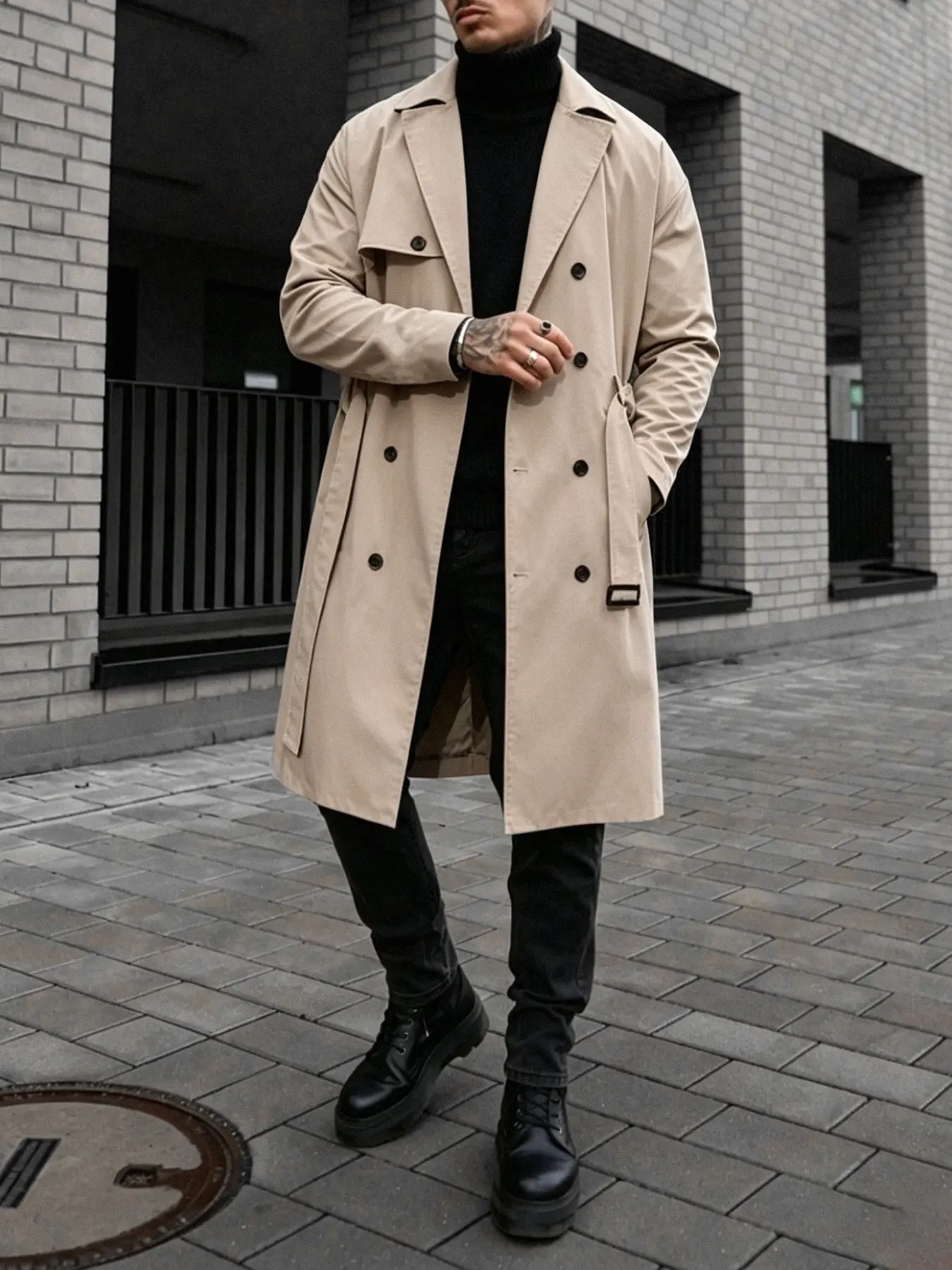 Men's mid-length trench coat/jacket featuring a belted design; a minimalist, sophisticated, casual style that suits everyone. Perfect for the early autumn transition, offering a mature street-style look—an ideal choice for a Father's Day gift.