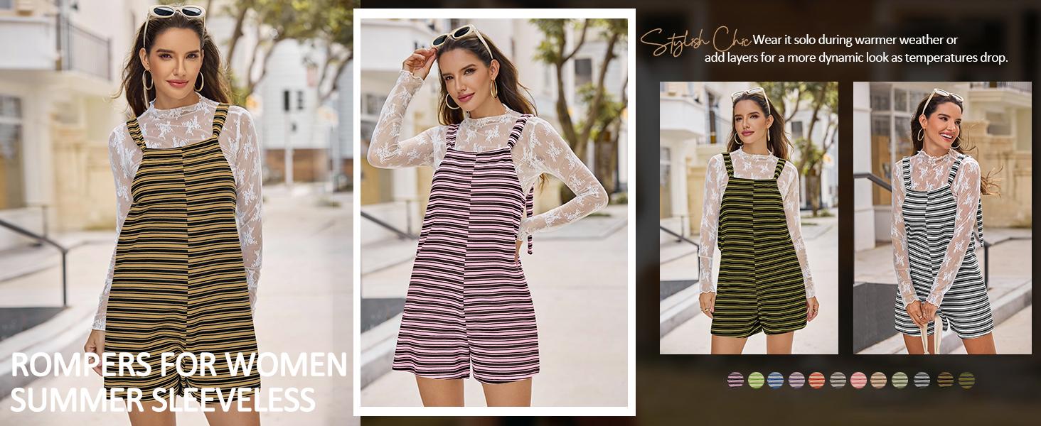 Yousify Women's Striped Sleeveless Romper Loose Fit Tied Shorts Jumpsuit with Pockets for Summer & Fall Casual Wear Scoop Neck Adjustable Drawstring Wide Legs