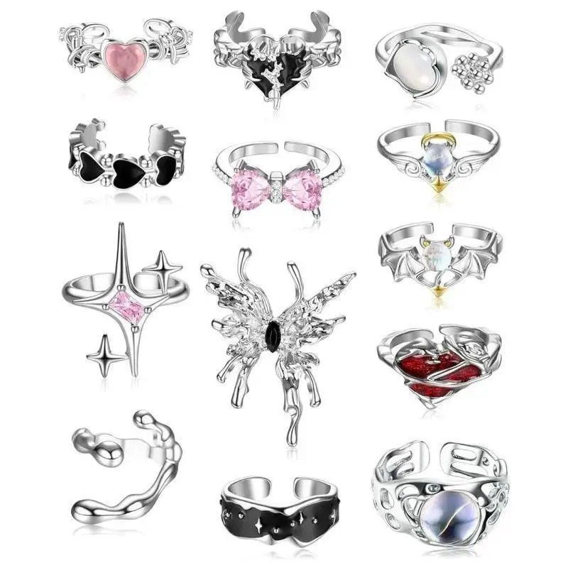 13PCS Y2K Ring Set for Women Men, Adjustable Chunky Gothic Rings with Moonstone, Butterfly, Star & Heart Designs, Trendy Stackable Jewelry Set for Daily Wear, Parties, Gifts & Fashion Accessories sohochic
