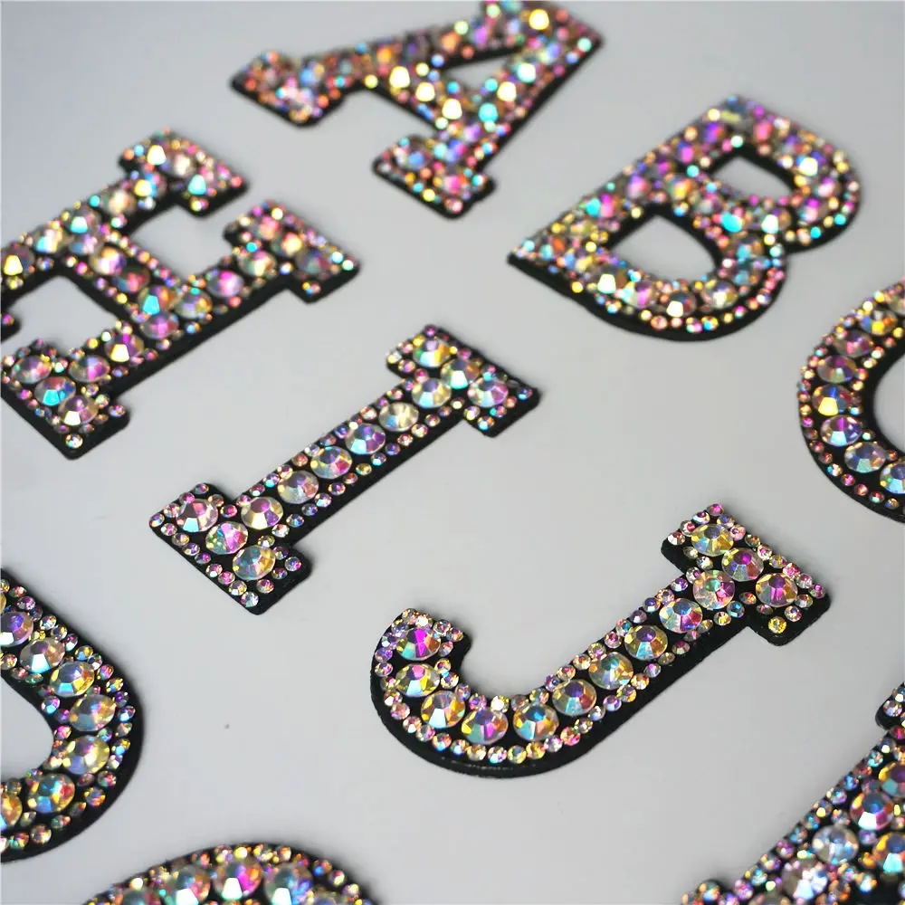 Rhinestone Letters Alphabet ABC Sew Iron On Patches Rainbow Shining Badges For Name DIY Dress Jeans Shoes Appliques Decoration