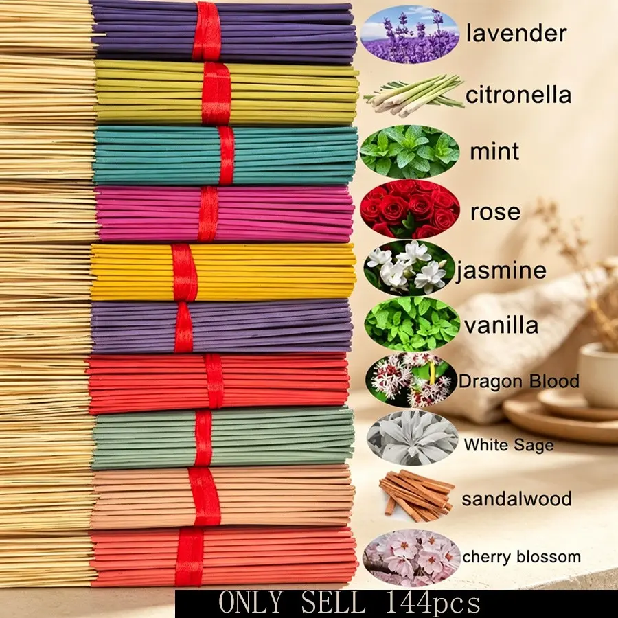 Set of 7 Aromatic Therapy Sticks, 144 Pieces, Rose, Lavender, Sandalwood, Jasmine, Wooden Material, Home & Office Use, Yoga, Reading, Meditation